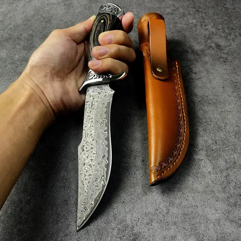 Coltello da caccia in acciaio di Damasco forgiato a mano | Coltello a codolo intero