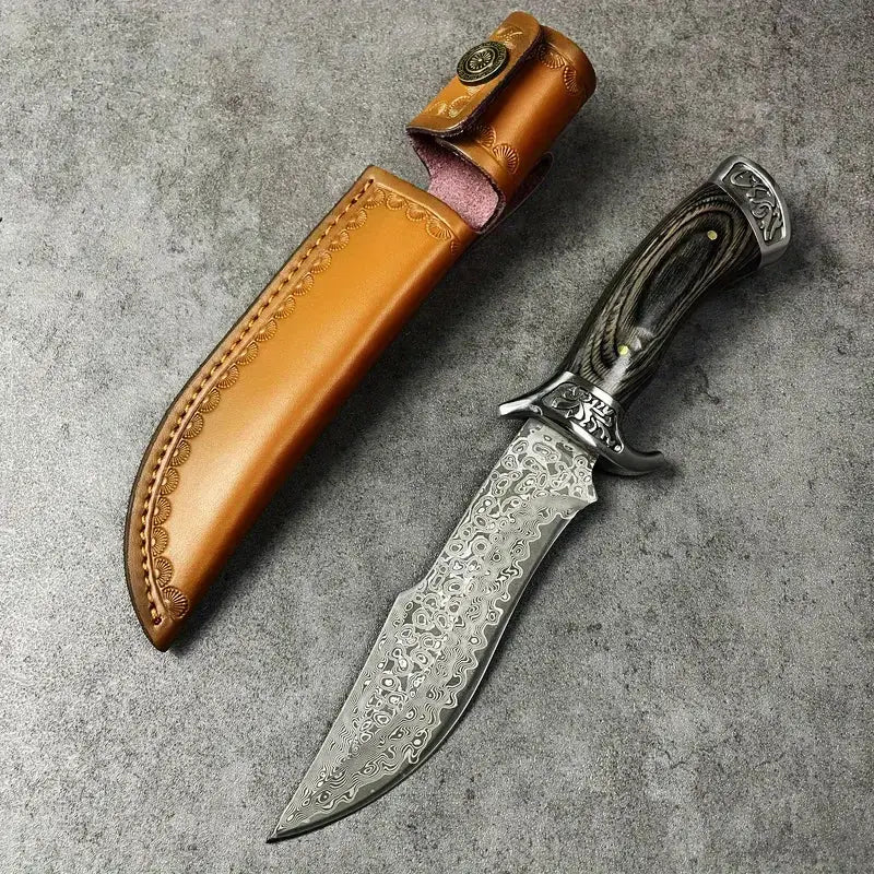 Coltello da caccia in acciaio di Damasco forgiato a mano | Coltello a codolo intero