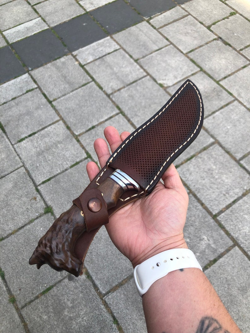 Coltello da campeggio con testa di lupo, coltello da caccia fatto a mano, regalo di anniversario/compleanno, coltello personalizzato