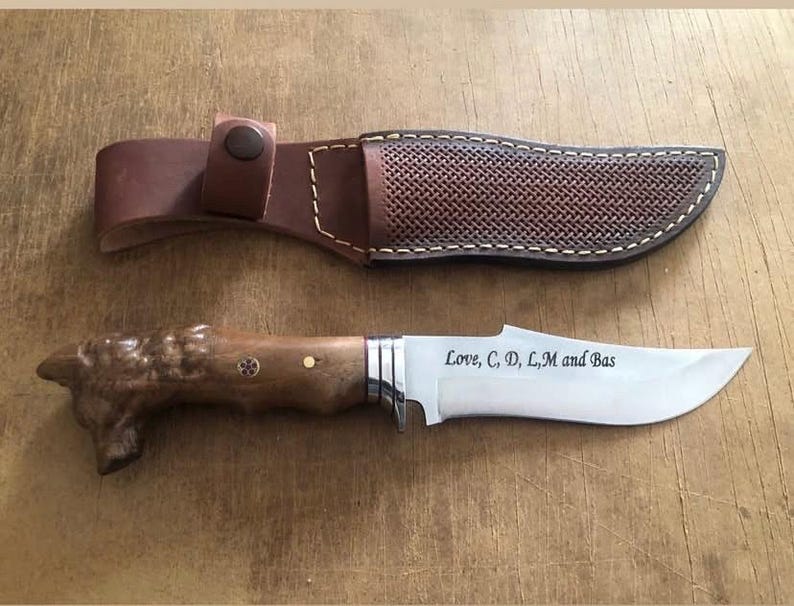 Coltello da campeggio con testa di lupo, coltello da caccia fatto a mano, regalo di anniversario/compleanno, coltello personalizzato